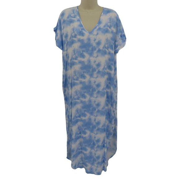 Shinestar Women Medium Blue White Tie Dye V Neck Maxi Dress Swim Coverup Pockets - Picture 1 of 11